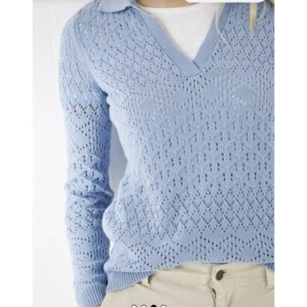 FatFace Blue Pointelle Knit Collared Sweater 100% Cotton Pullover‎ Women's 12